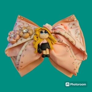 Large Pink Bedazzled Clay Shopper Girl Floral Clip-on Ribbon Bow